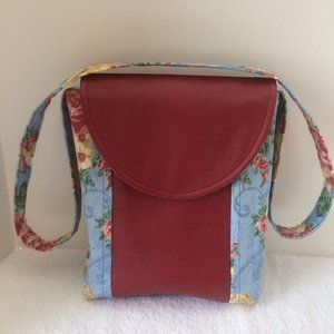 Repurposed Home Decorator Fabric Red Faux Leather and Flower Print Cross Body